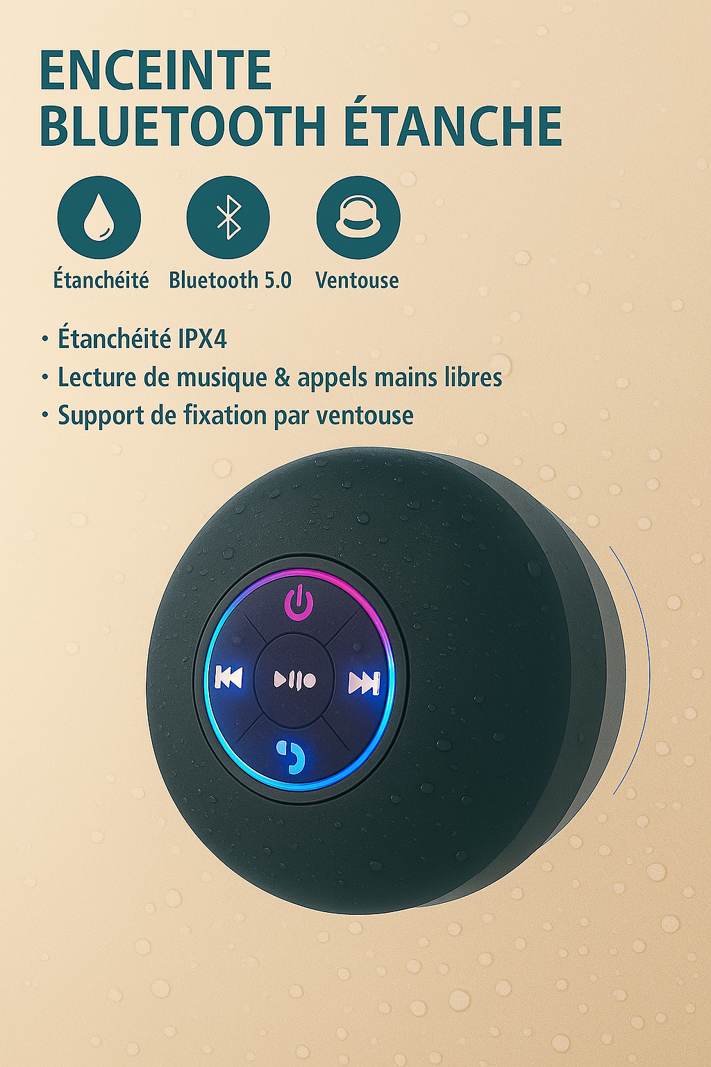 Enceinte Bluetooth Portable Sans Fil – Étanche IPX4 avec Ventouse XXL & LED