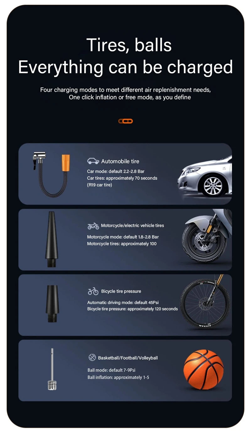 1 pièce – Compresseur d'air sans fil pour voiture Pompe électrique pour pneus – Gonfleur portable pour moto, vélo, bateau, voiture, ballons et objets gonflables